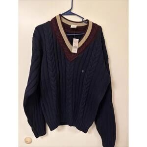 Old Navy Vintage Cable Sweater Mens M Navy V Neck Preppy Striped Pullover NWT